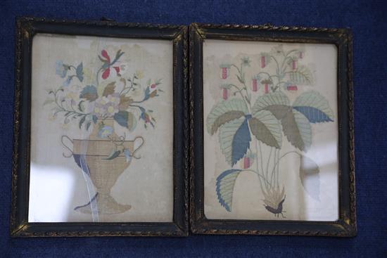 A pair of Regency silkwork panels depicting flowers in an urn and a strawberry plant, 11.5 x 13.25in.